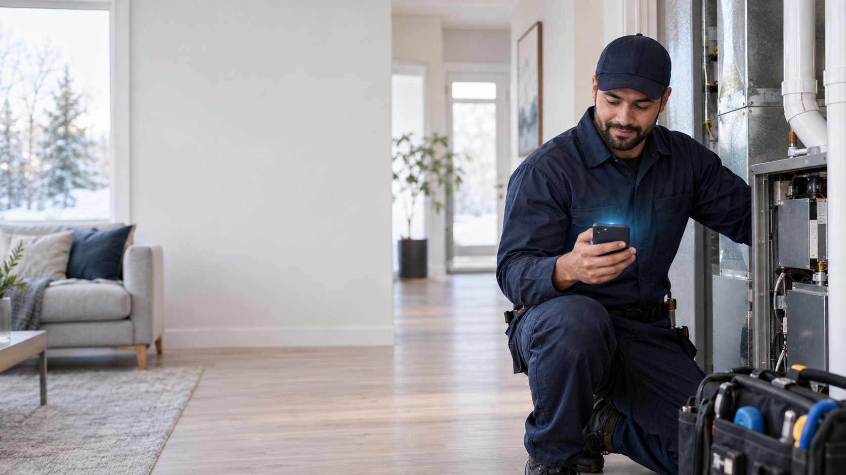 HVAC technician checking a customer inquiry on a phone